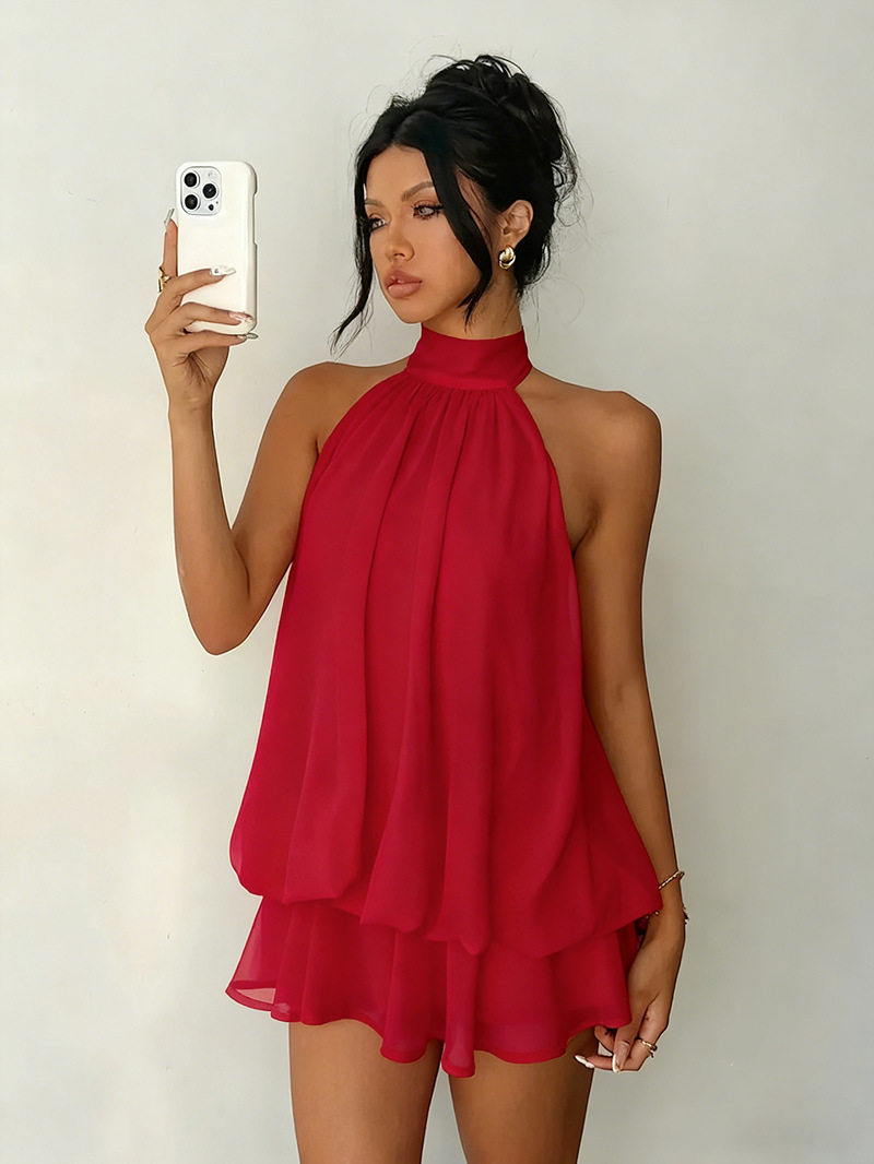 Solid Halter Neck Open Back Fitted Top Puff Skirt Mini Dress