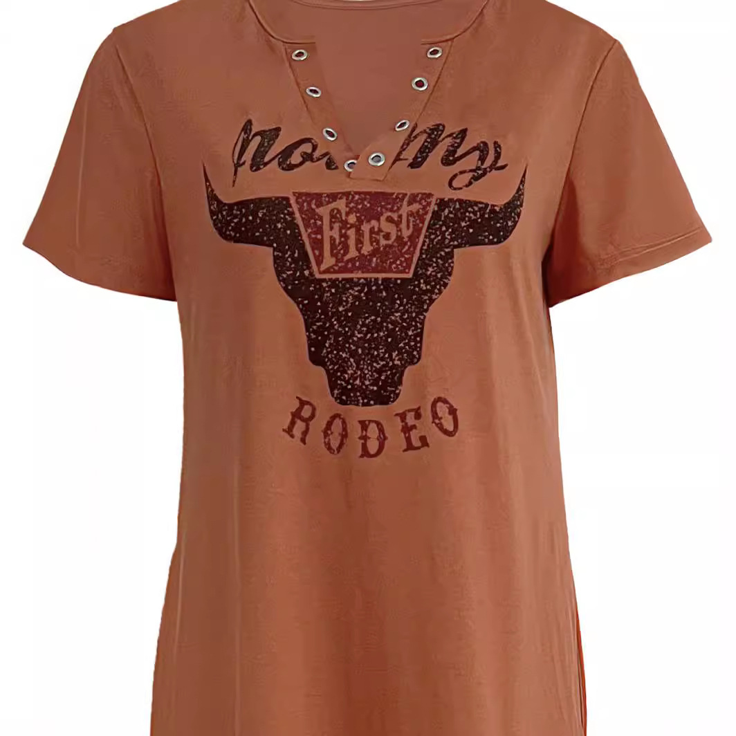 Women's Short Sleeve Round Neck Vintage Bull Head Letter Colorful Print Dress