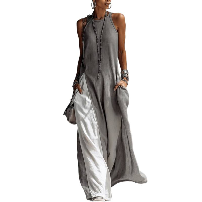 Women's Sleeveless Loose Colorblock Off-Shoulder Pocket Casual Dress