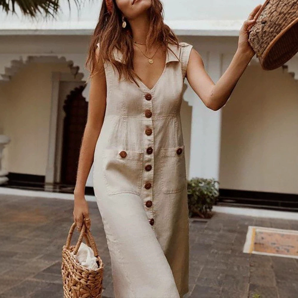 Women's Solid Sleeveless A-Line Midi Dress with Collar and Pockets