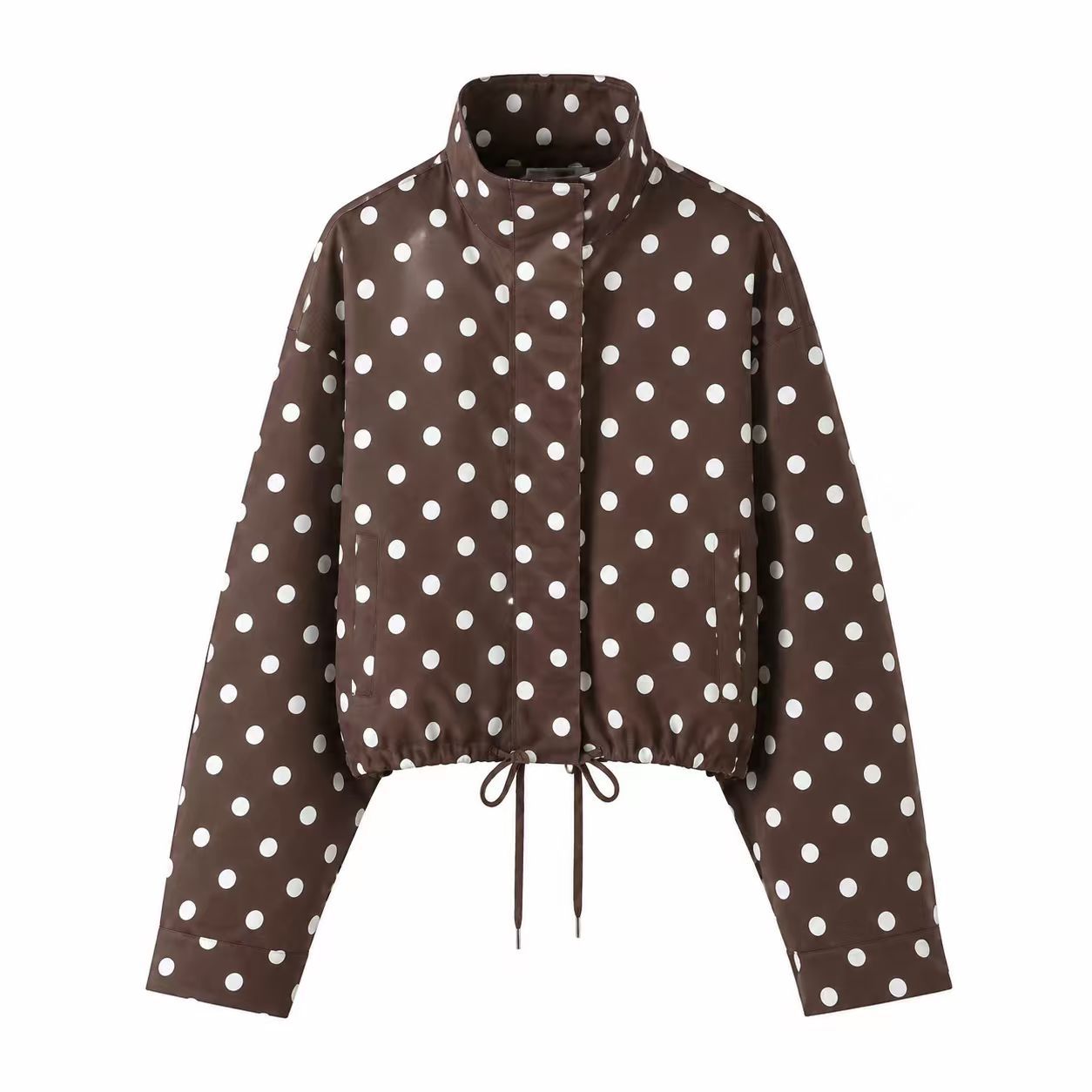 Women's Polka Dot Zip-Up Jacket with Drawstring Stand Collar