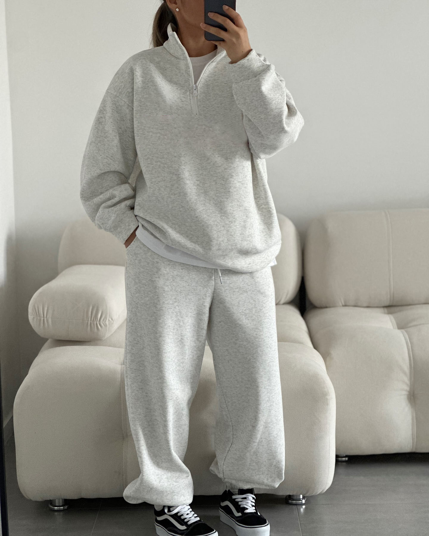 Oversize Half-Open Collar Long-Sleeve Hoodie & Drawstring Sweatpants Set