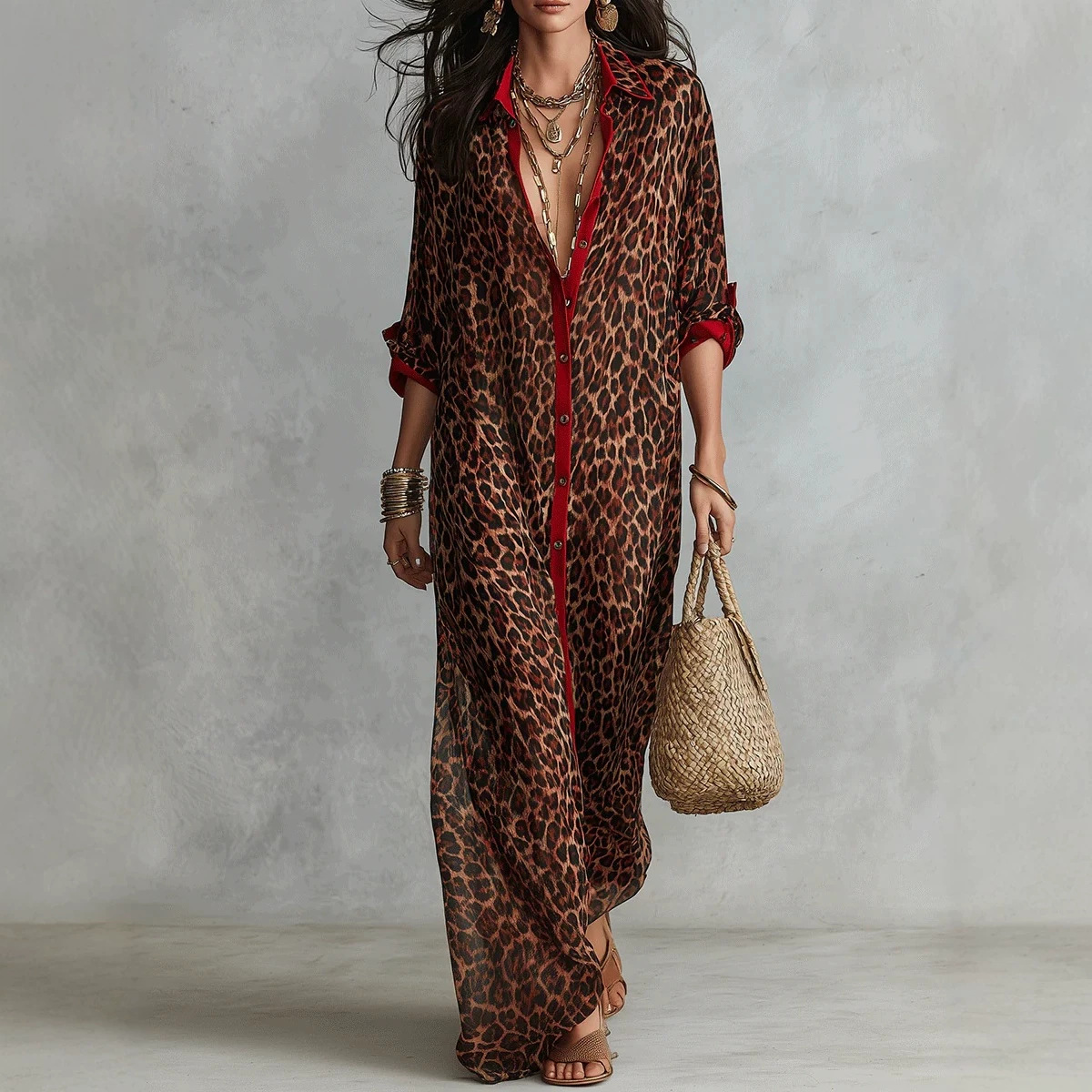 Retro Red-Trim Leopard Print Collared Long Shirt Dress