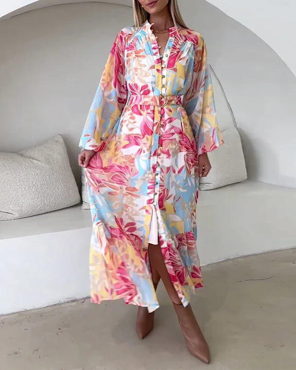 Elegant Floral Lantern Sleeve Midi Dress