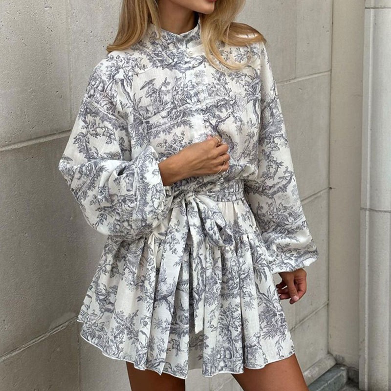 Floral Print Two-Piece Set with A-Line Midi Skirt and Long Sleeve Top