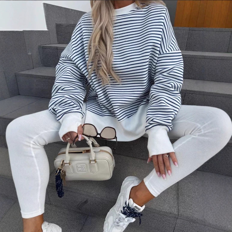 Nautical Striped Crewneck Pullover Sweatshirt for Women Relaxed Fit
