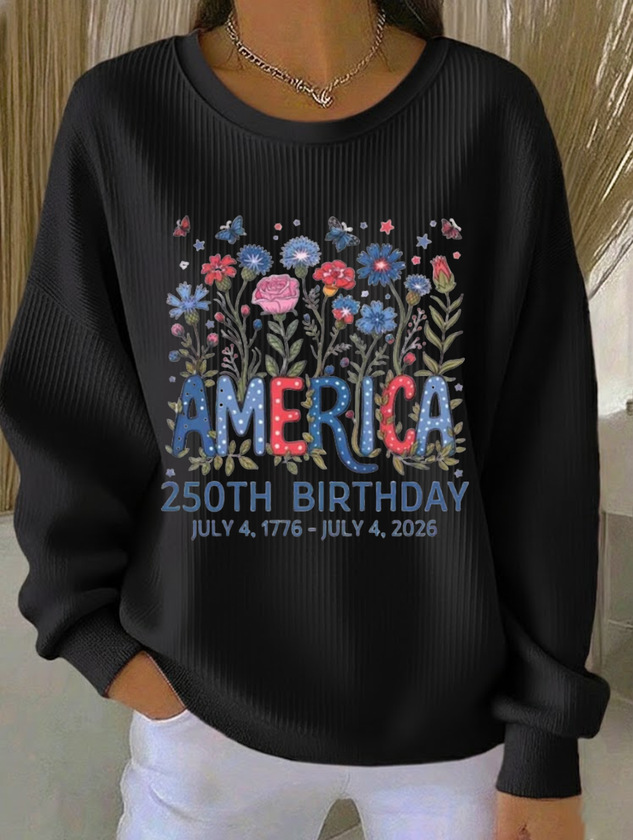Women's Crewneck Sweatshirt with American Letter Star Flower Print