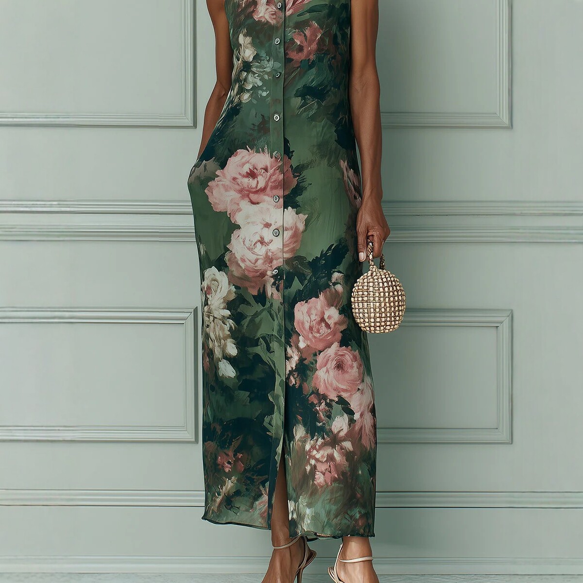 Vintage Dark Green Oil Painting Floral Halter Sleeveless Dress Button Slit Long