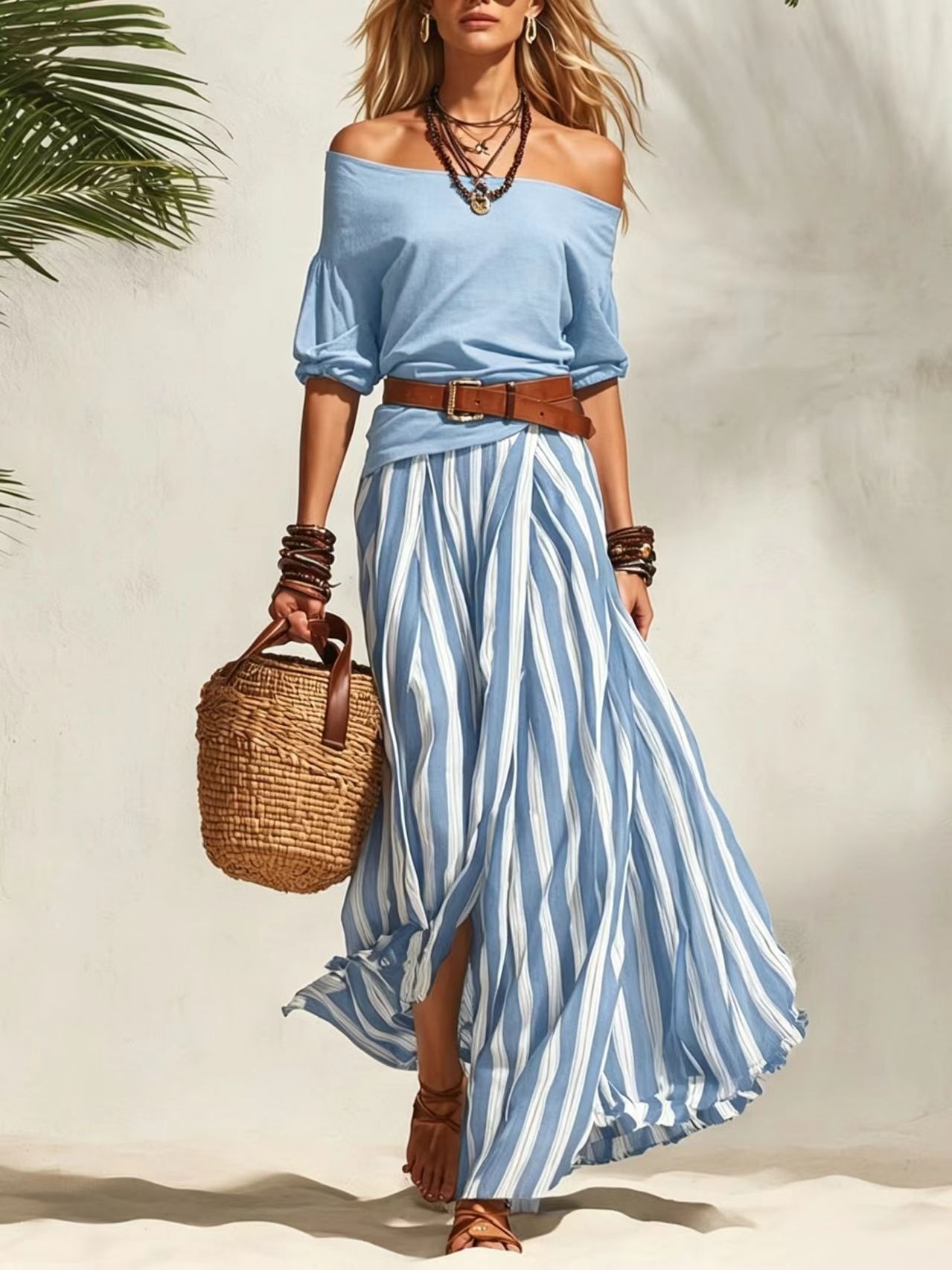 Off-Shoulder Top and Slit Skirt Women's Set – Nautical Vacation Style, Colorblock Geometric Print