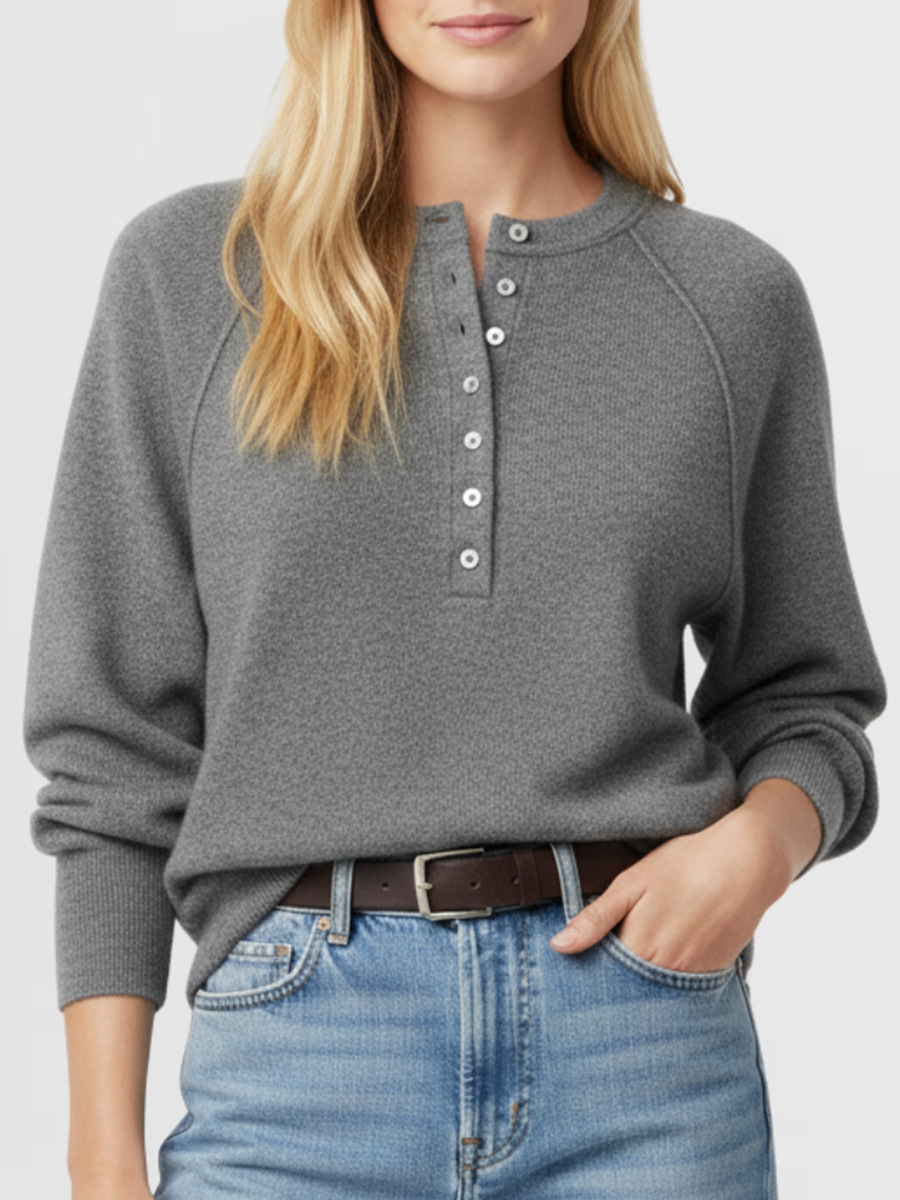 Women's Casual Crewneck Button-Front Knit Henley Sweater