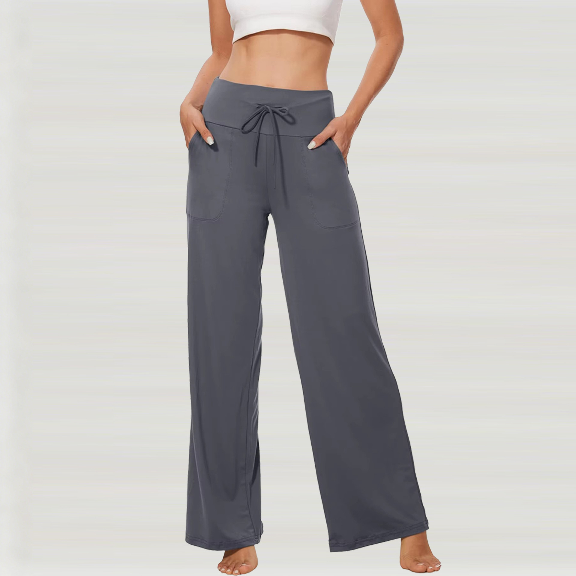 Women's High-Waist Straight-Leg Wide-Leg Pants with Drawstring, Drapey Casual Yoga Trousers