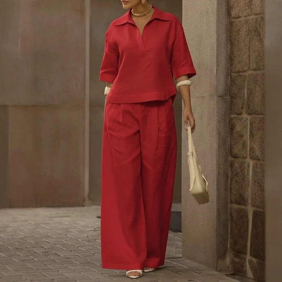 Women's Casual Two-Piece Shirt Collar Set Loose Fit Solid Color