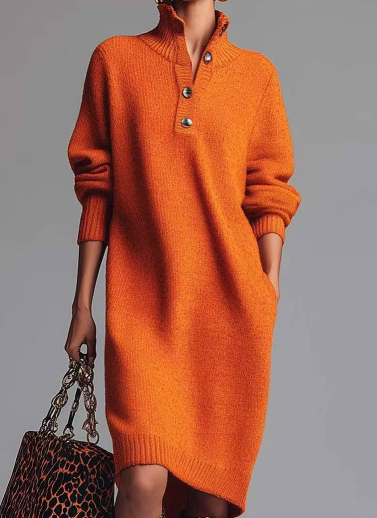 Women's Button-Front Collared Loose Straight Knit Midi Sweater Dress