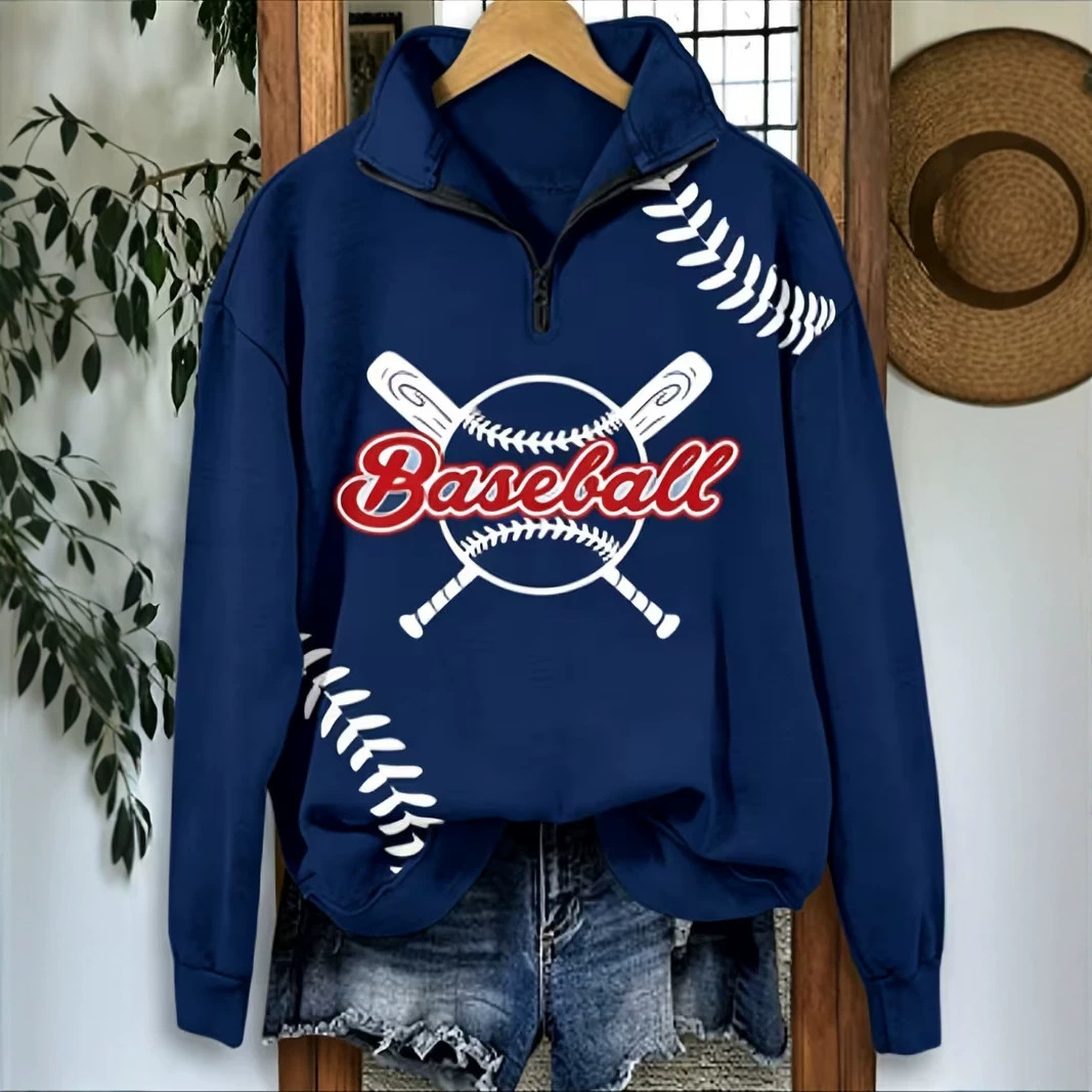 Women's Half-Zip Baseball Letter Print Hoodie