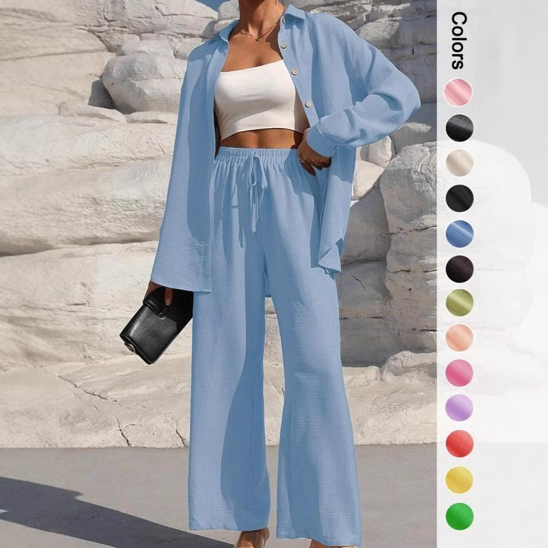 Women's Solid Color Long Cardigan & Pants Set Casual Elegant Shirt Two-Piece