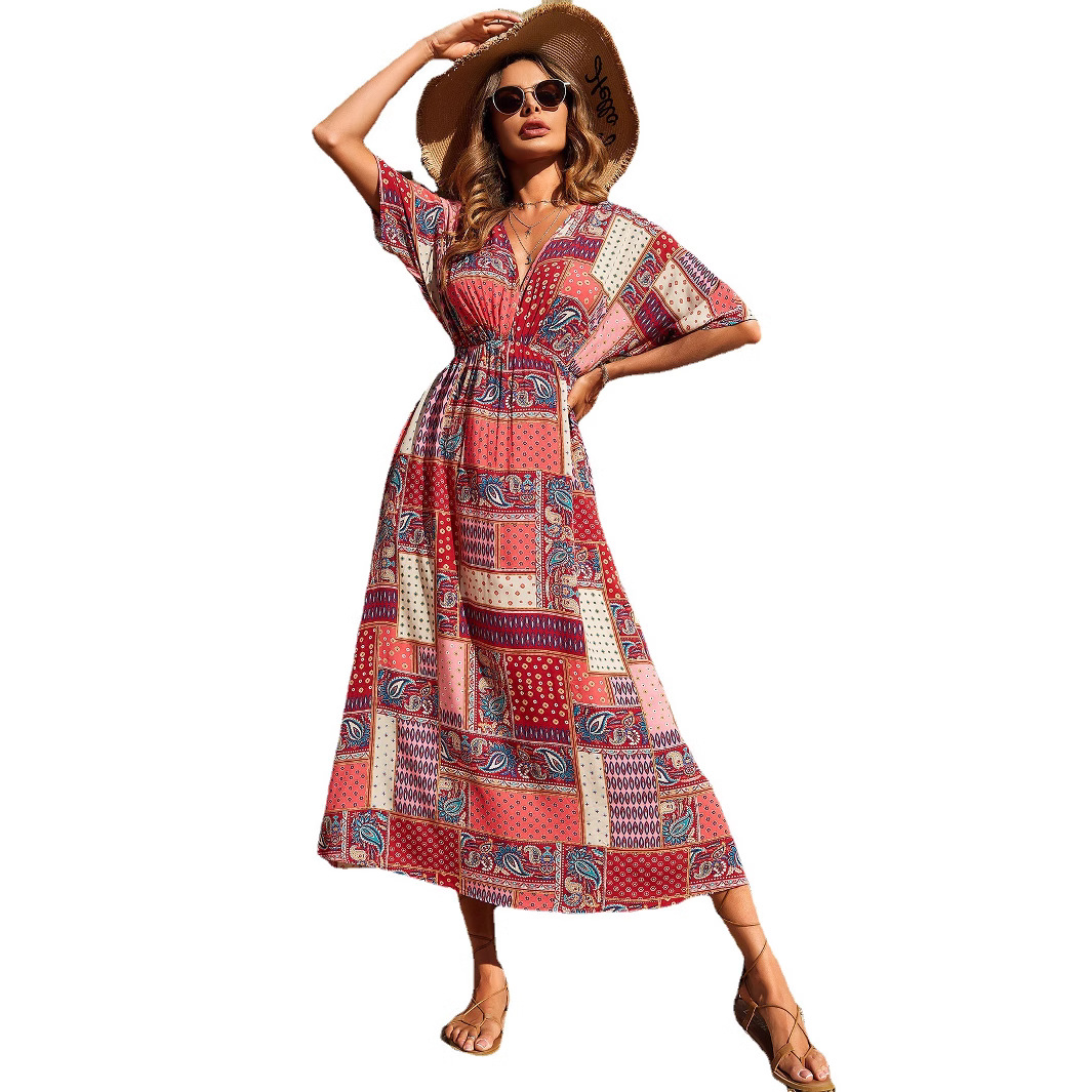 Women's Summer Floral Print Deep V-Neck Short Sleeve High Waist Maxi Dress