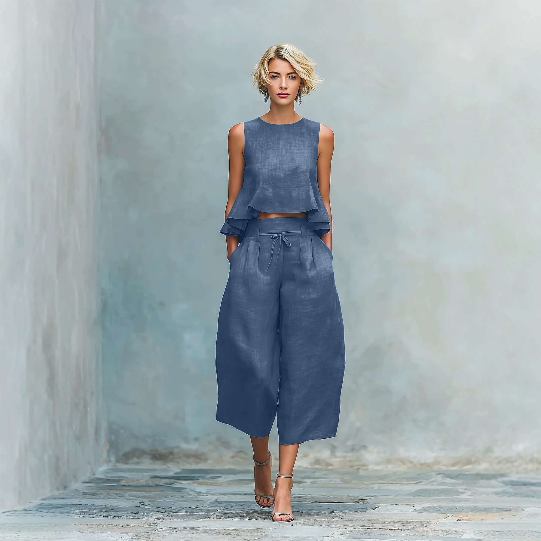 Women's Sleeveless Linen Two-Piece Set with Ruffle Detail