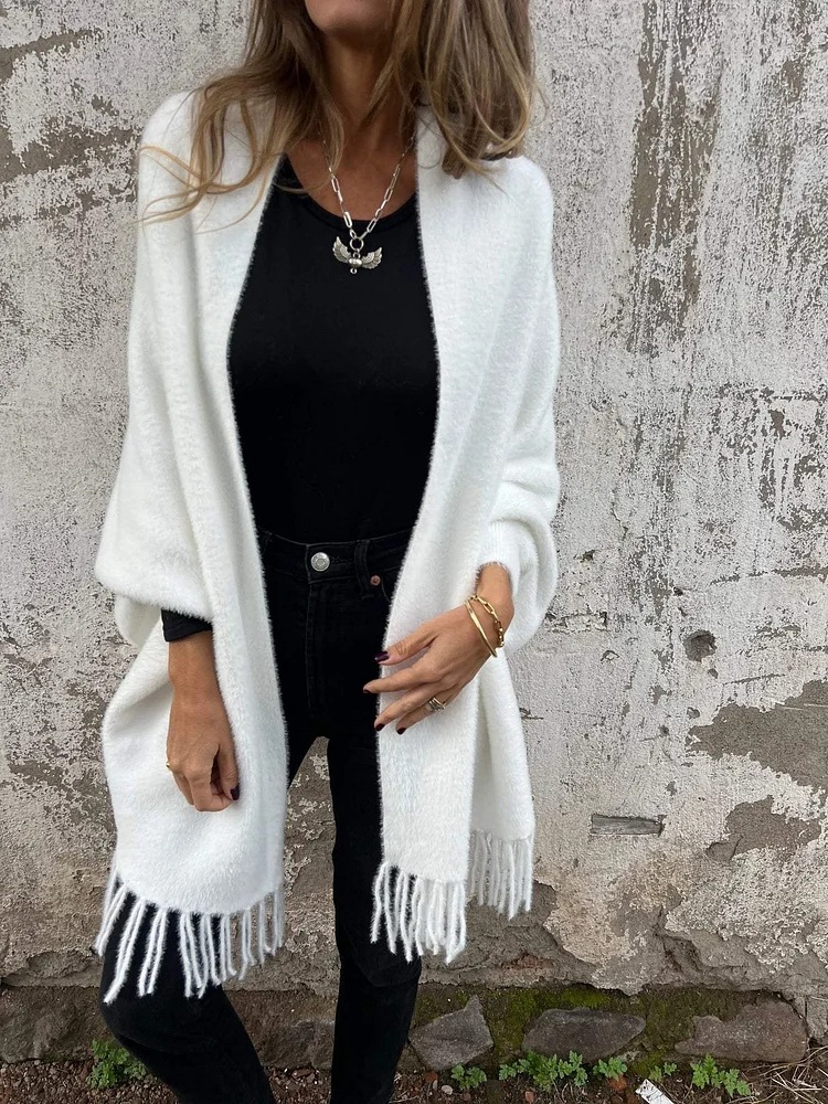 Casual Knit Faux Fur Fringe Shawl Cardigan