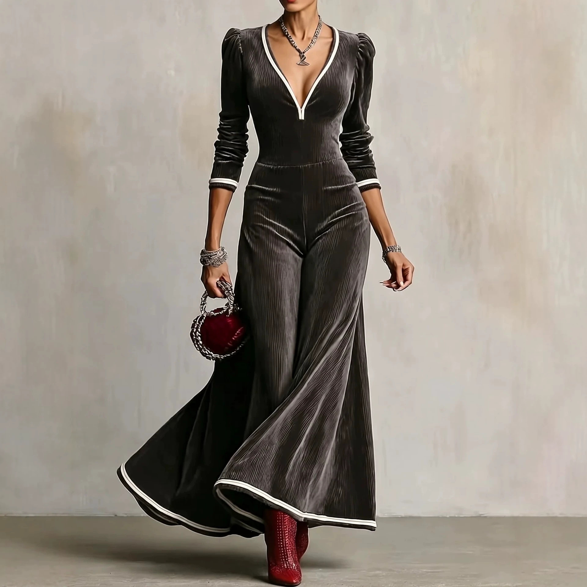 Striped Velvet A-Line Maxi Dress with Deep V-Neck and High Waist