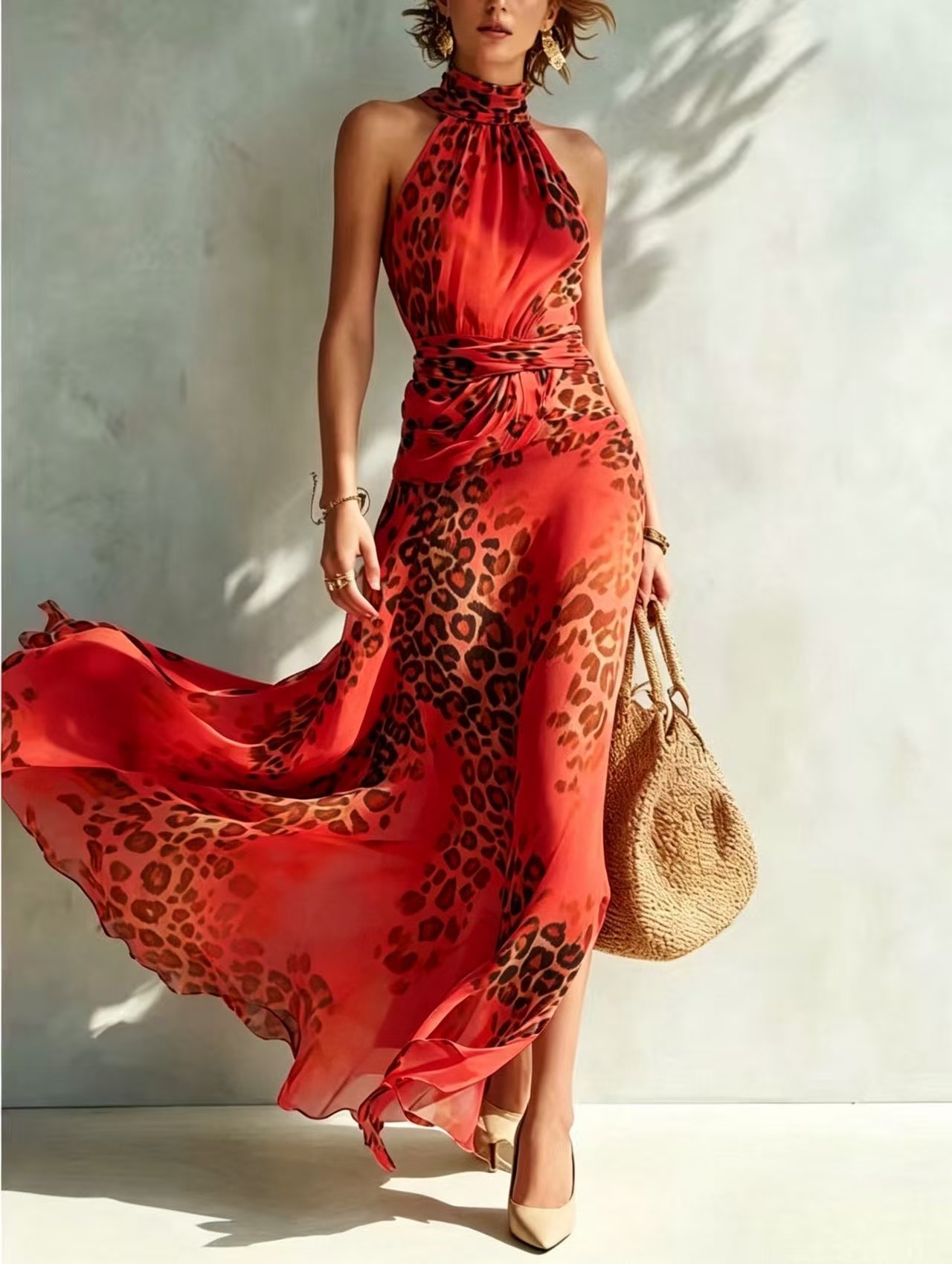 Sleeveless Halter Neck Leopard Print A-Line Maxi Dress
