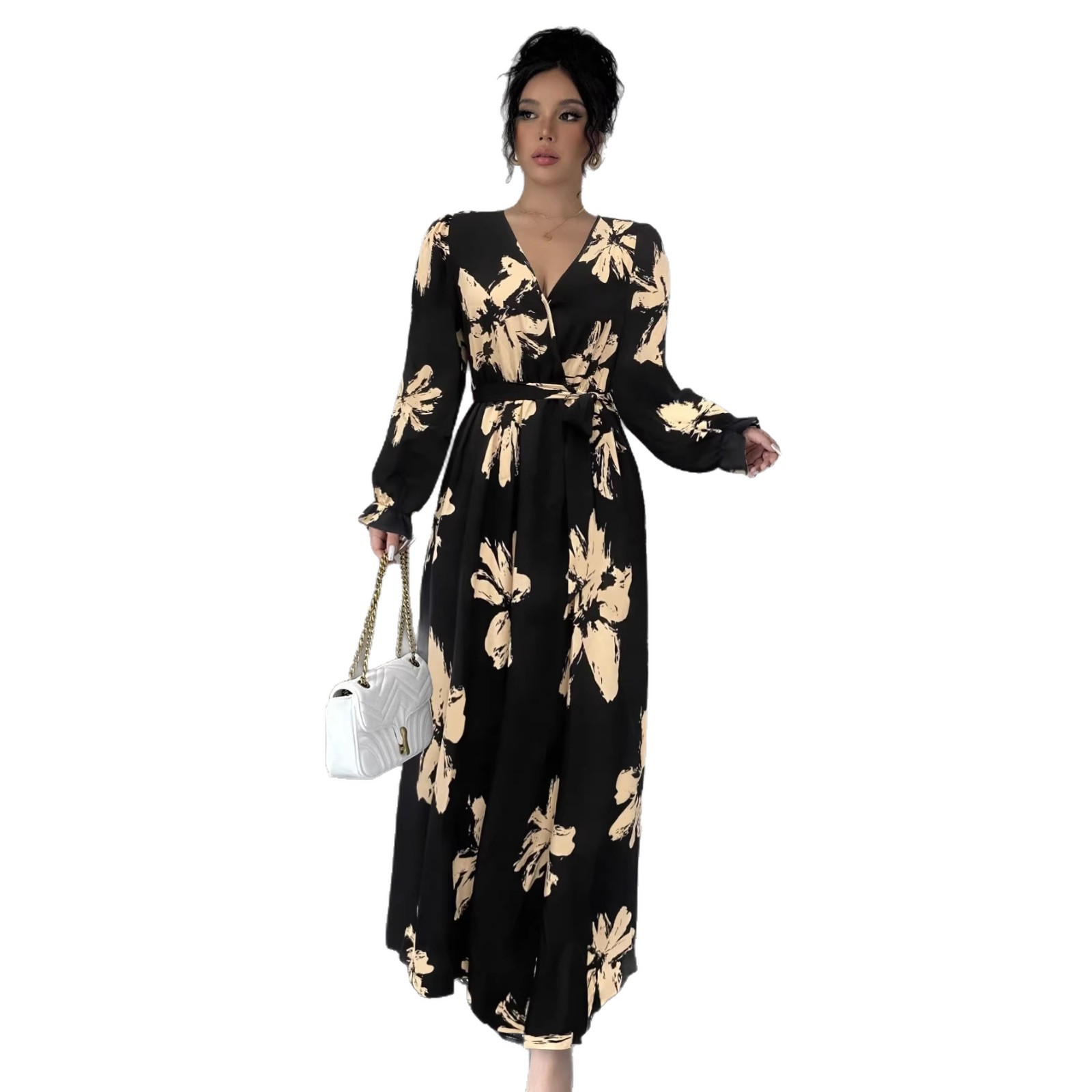 Women's Floral Print V-Neck Waist-Cinched Midi Dress