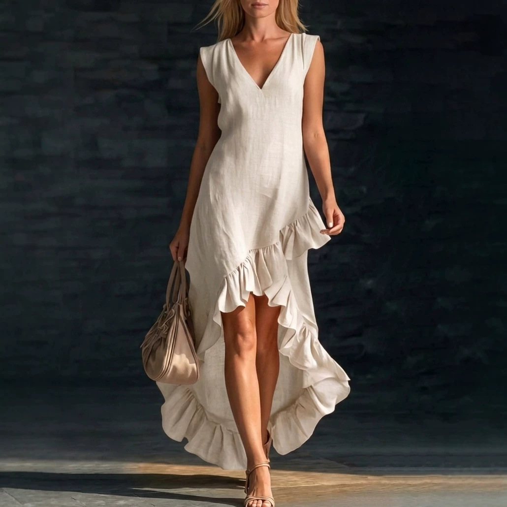 Women's Sleeveless V-Neck Ruffle Hem Midi Dress