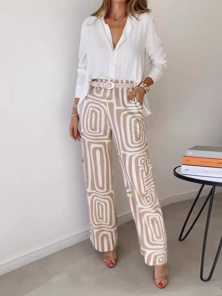Women's Digital Print Shirt and Wide-Leg Pants Two-Piece Set