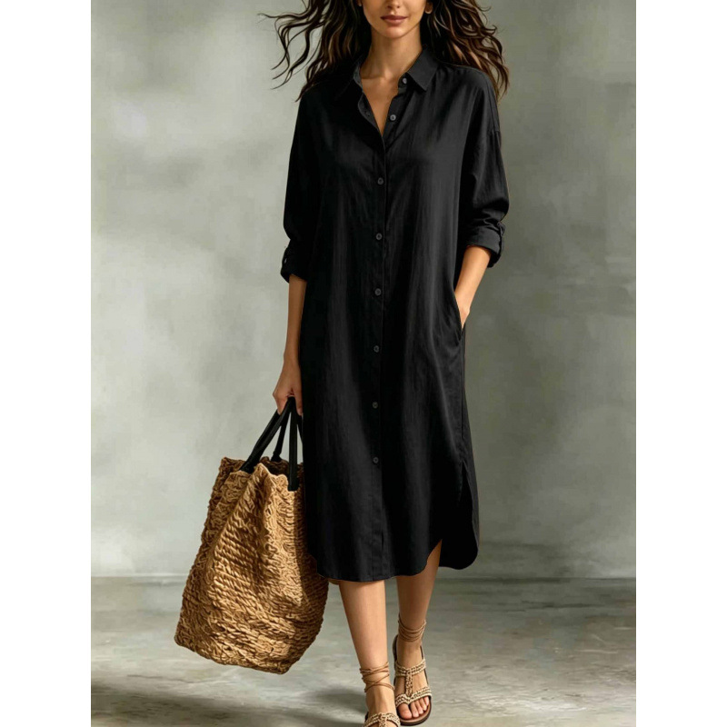 Women's Loose Cotton-Linen Shirt Dress with Pockets
