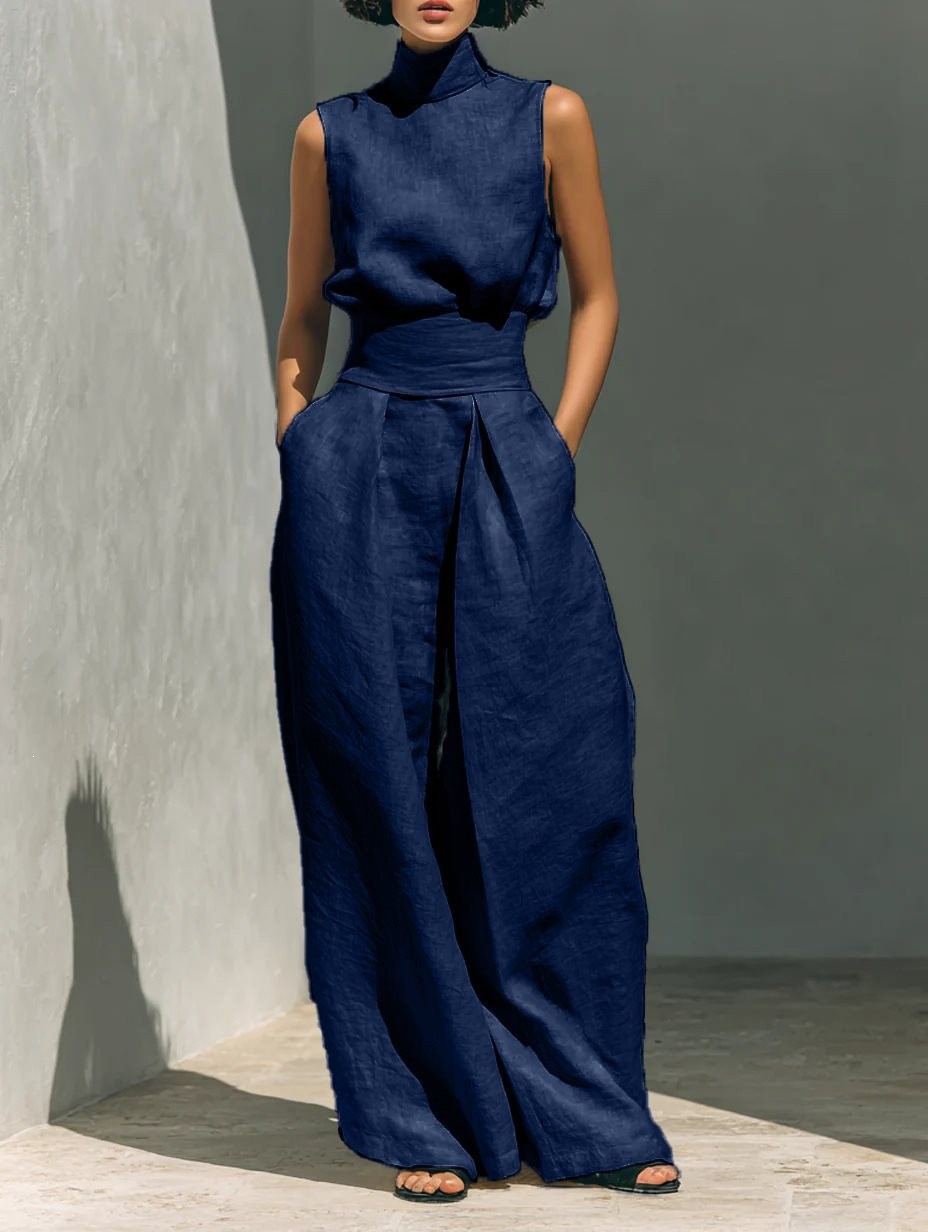 Women's Solid Sleeveless Top and Wide-Leg Pants Set
