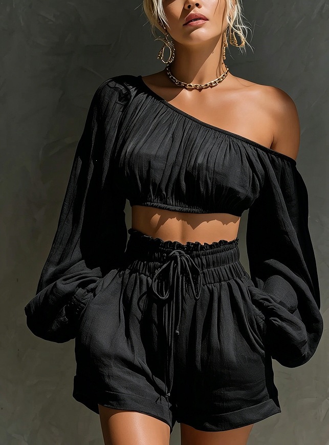 French Lazy Style One-Shoulder Long-Sleeve Crop Top & High-Waist Ruffle Shorts Set