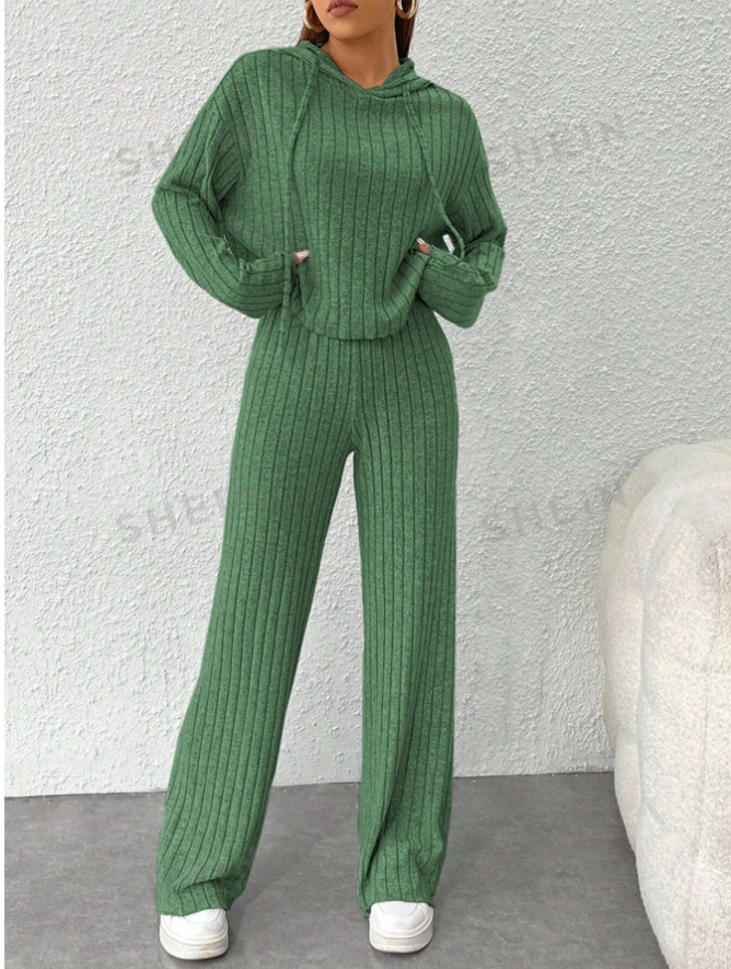 Striped Hooded Knit Sweatsuit Set Long Sleeve Top & Pants Relaxed Fit
