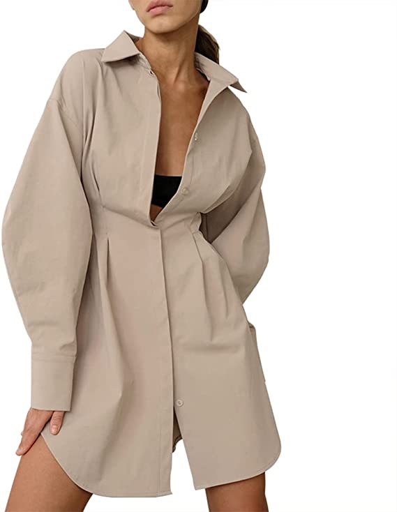 Women's Shirt Dress with Waist Tie, Slimming Long Sleeve, Retro A-Line Mini