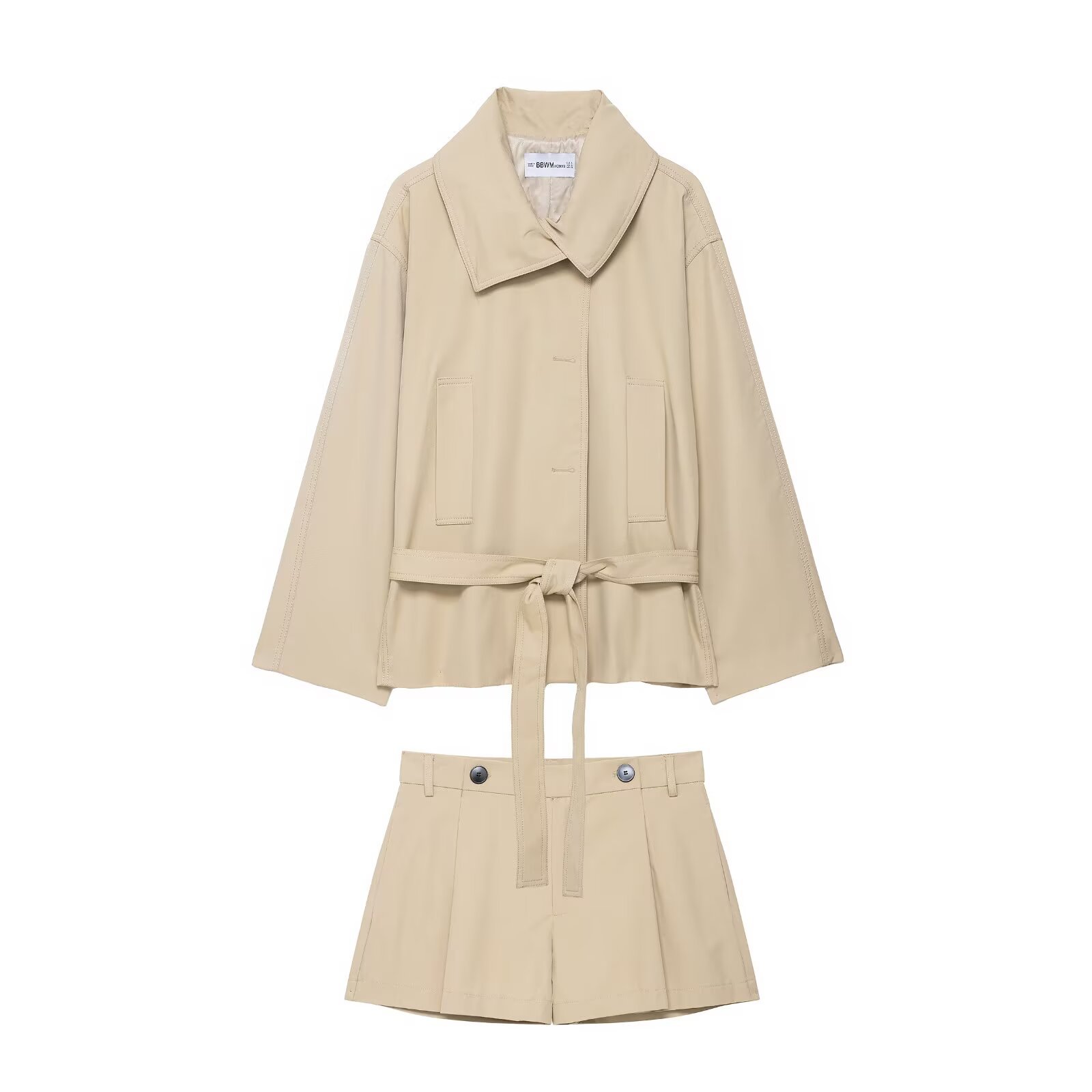 Women's Khaki Trench Coat and Shorts Set with Long Sleeves and Tie Detail