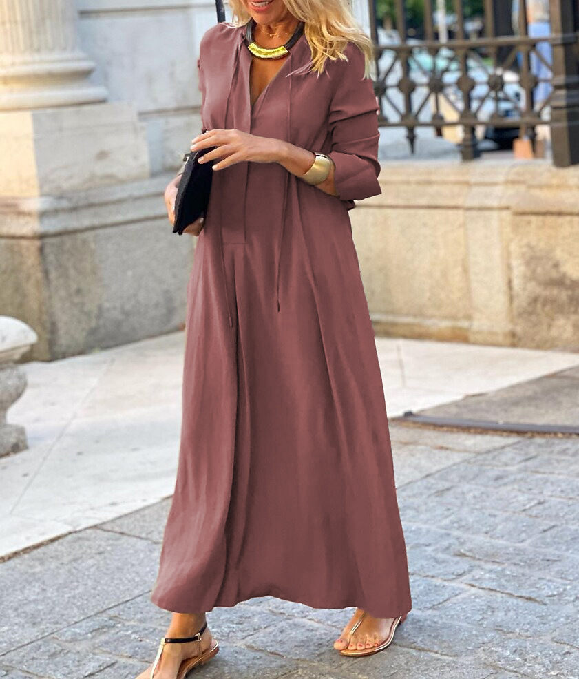 Solid Color Collared Long Sleeve Maxi Shirt Dress