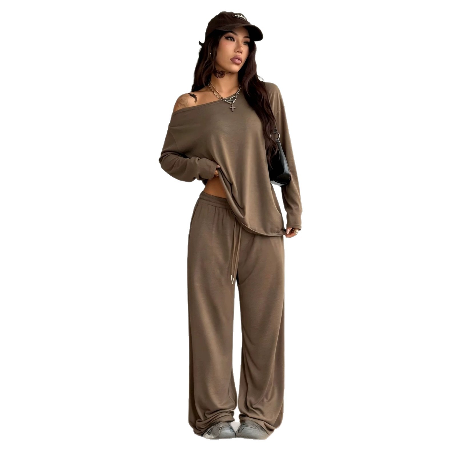 Women's Casual Loungewear Set Long Sleeve Top & Wide Leg Pants