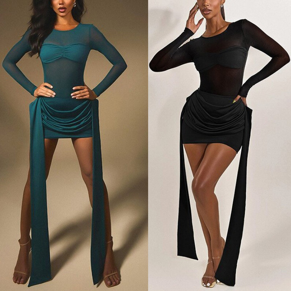 Women's Sheer Mesh Spliced Long Sleeve Tie-Neck Mini Dress