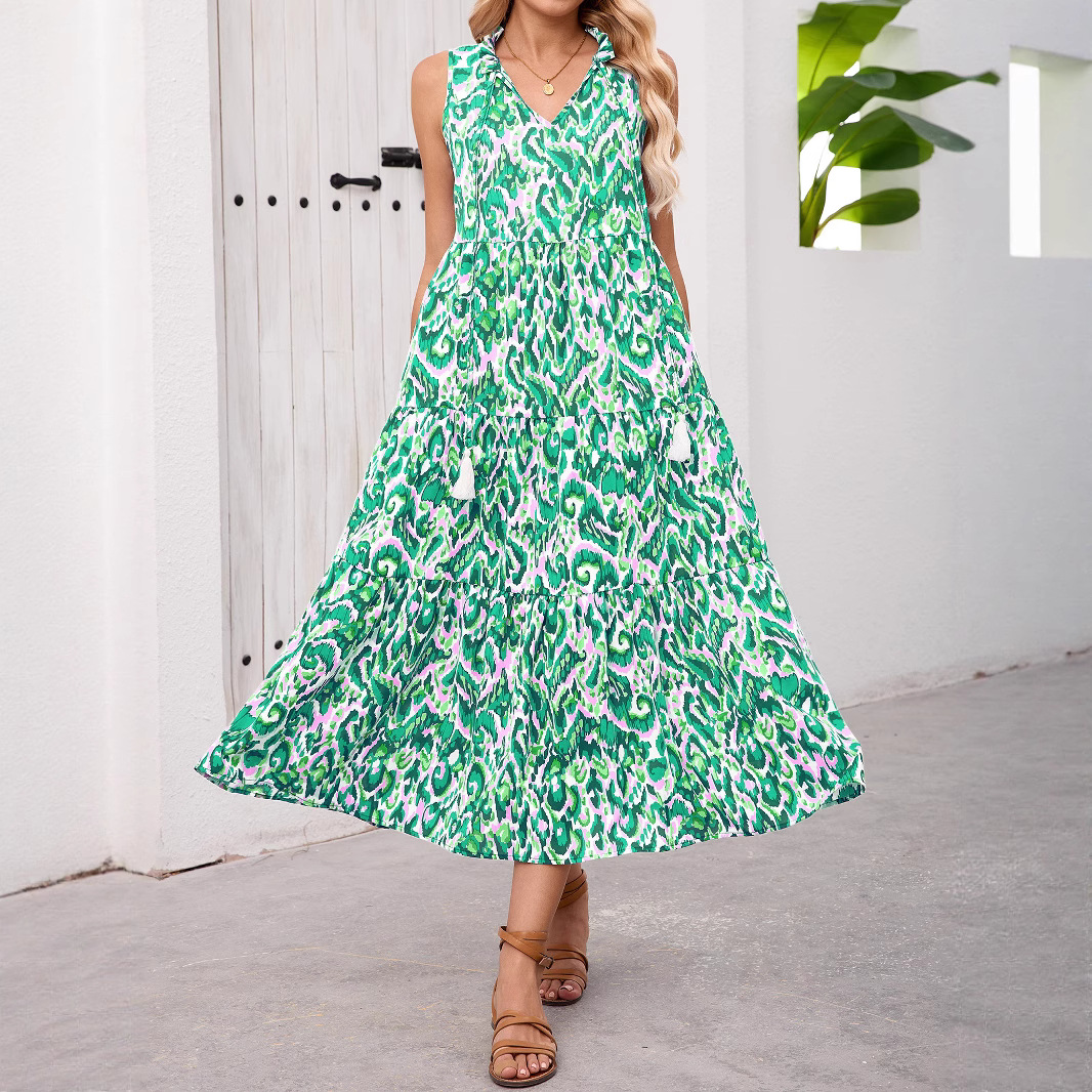 Women's Sleeveless Floral Ruffle Midi Dress V-Neck Vacation
