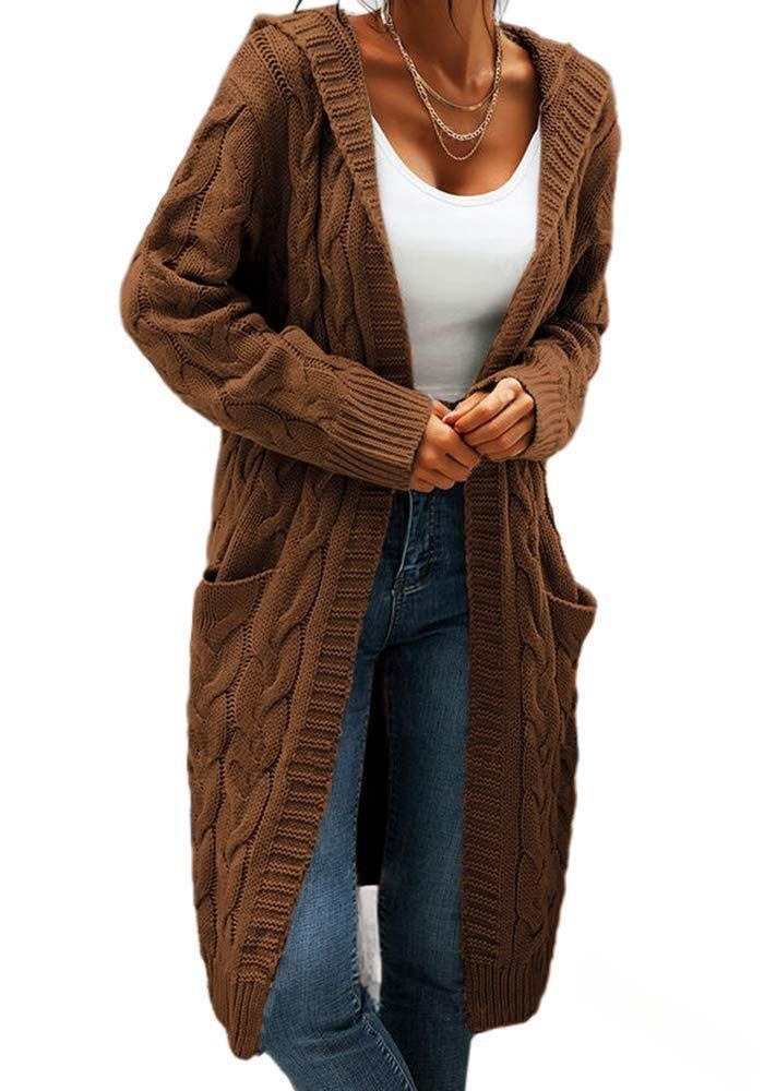 Women's Hooded Cable Knit Open-Front Cardigan Sweater, Mid-Length