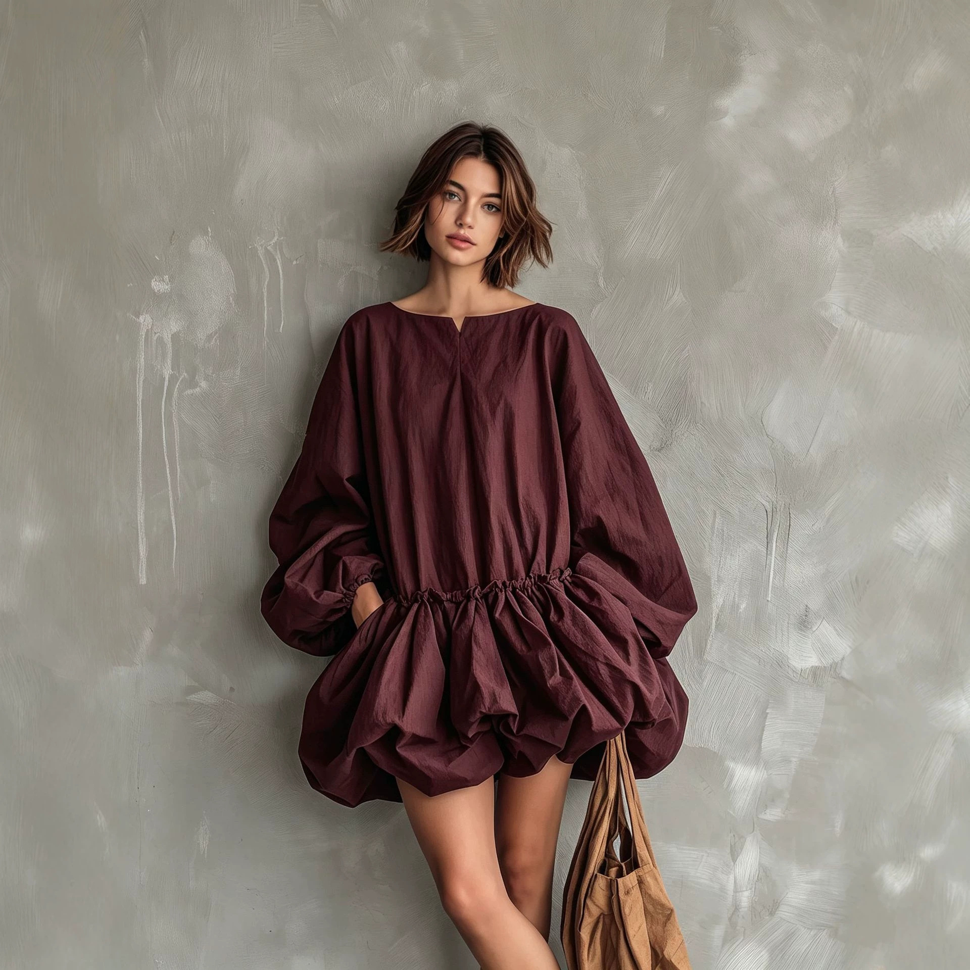 Solid Crewneck Puff Sleeve Long Sleeve Cinched Waist Bubble Dress