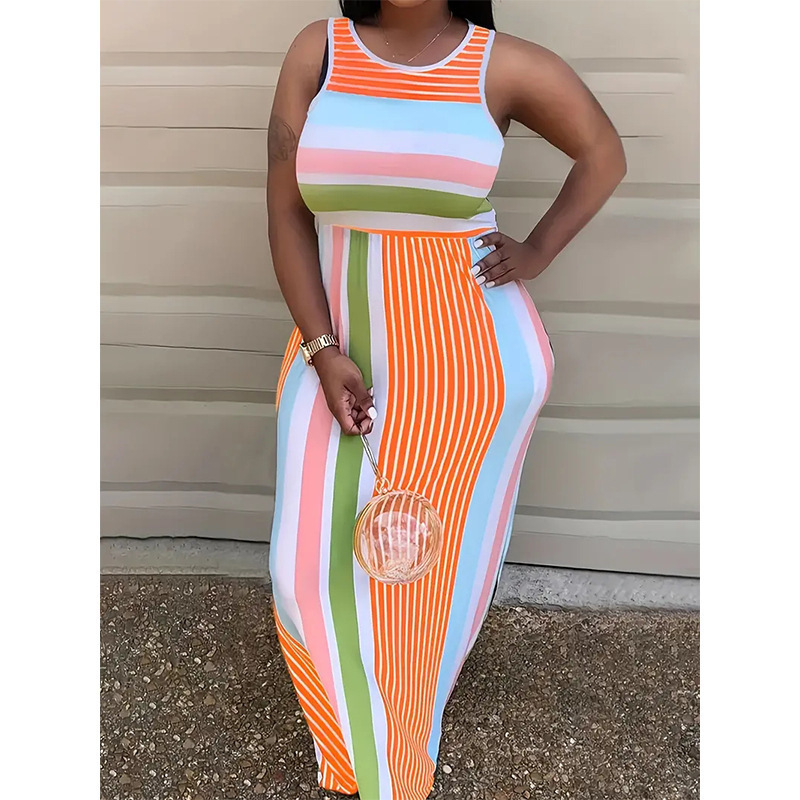 Sleeveless Round Neck Striped Print Bodycon Dress