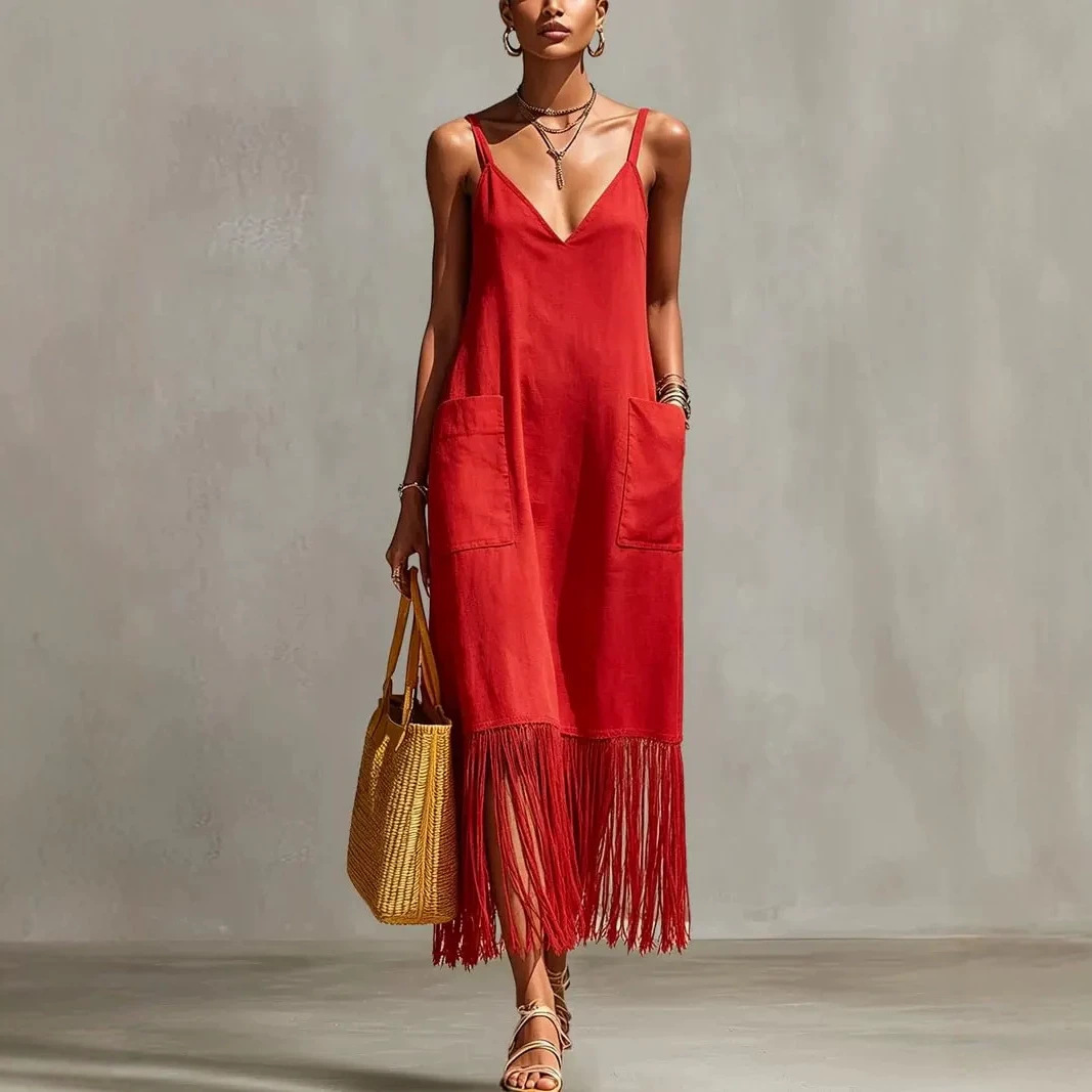 Bohemian Fringe Hem Sleeveless A-Line Long Dress
