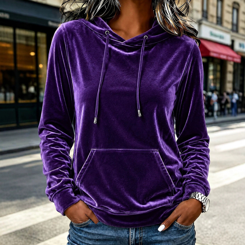 Women's Velvet Hooded Pullover Sweatshirt with Drawstring