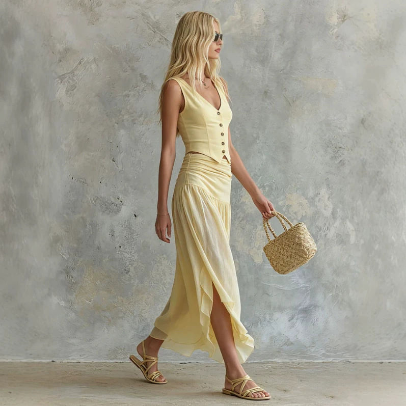 Retro Yellow Sleeveless V-Neck Vest and Chiffon Skirt Set