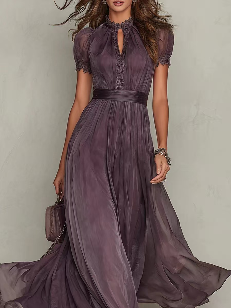 Elegant Lace-Trim Collar Waist-Cinched Midi Dress