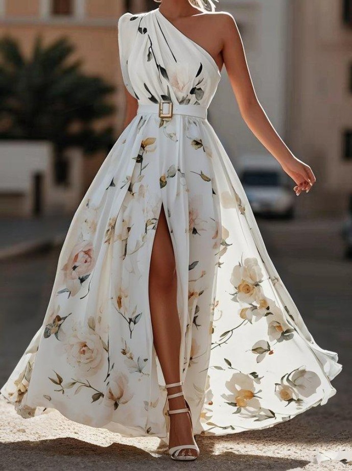 One-Shoulder Floral Print Sleeveless Maxi Dress with Belt
