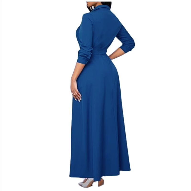Women's Long Sleeve A-Line Midi Dress with Waist Tie and Blazer Collar