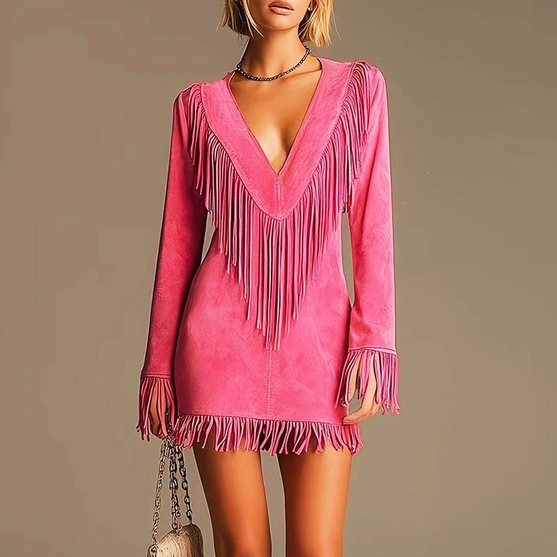 Western Faux Suede Fringe V-Neck Bodycon Long Sleeve Dress
