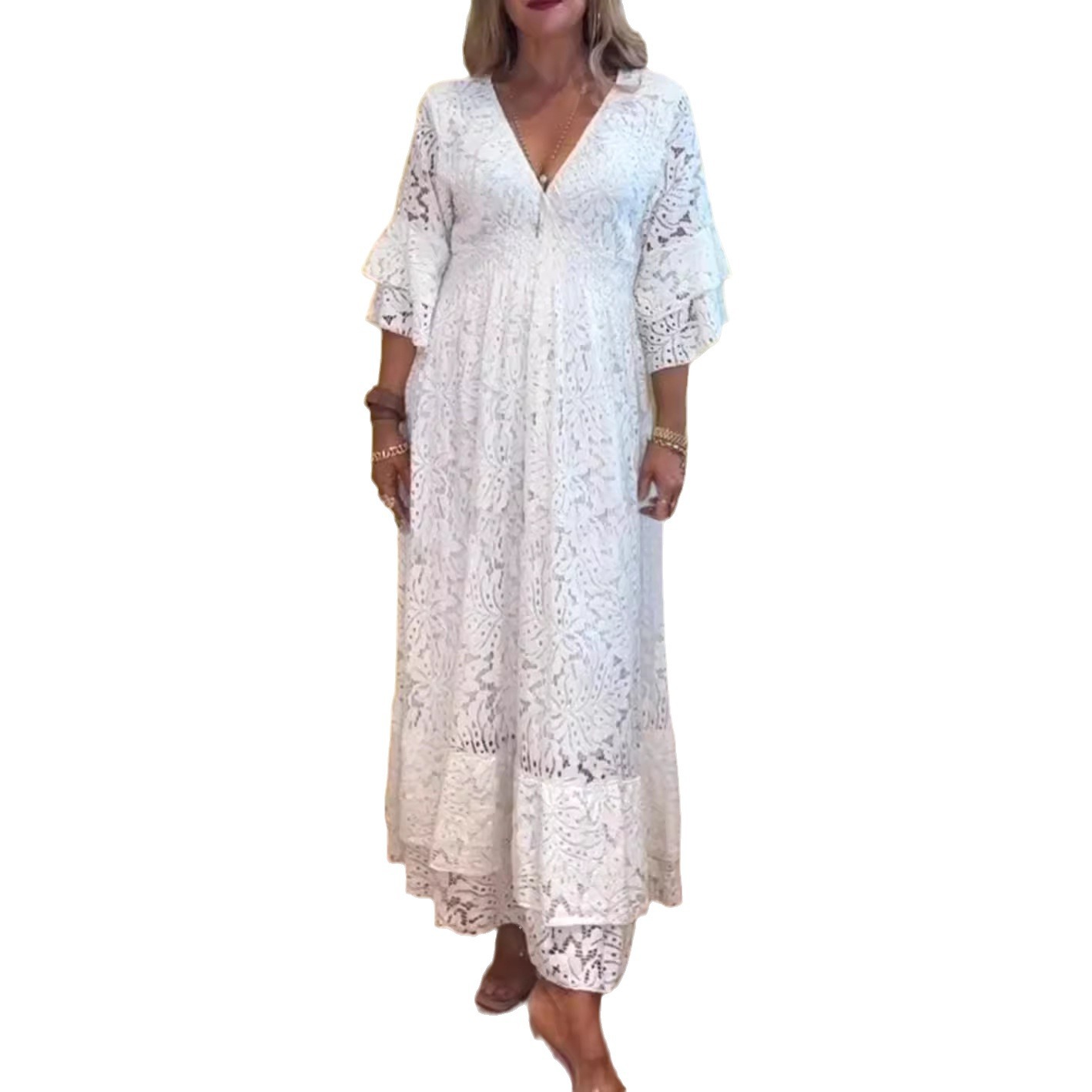 Women's Lace Cutout Deep V-Neck Solid Color Maxi Dress