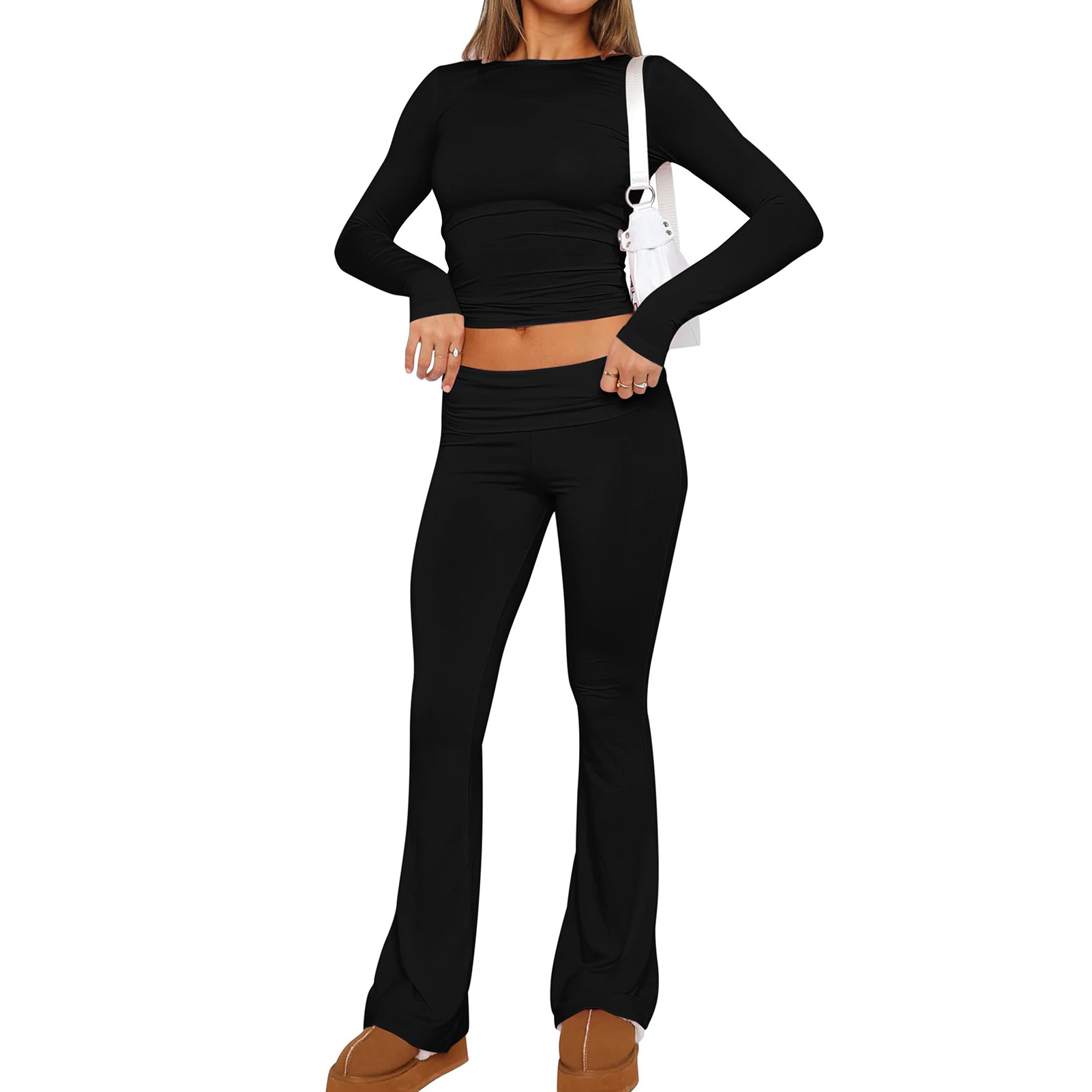 Women's Solid Color Low-Rise Flared Pants Set Slimming Casual