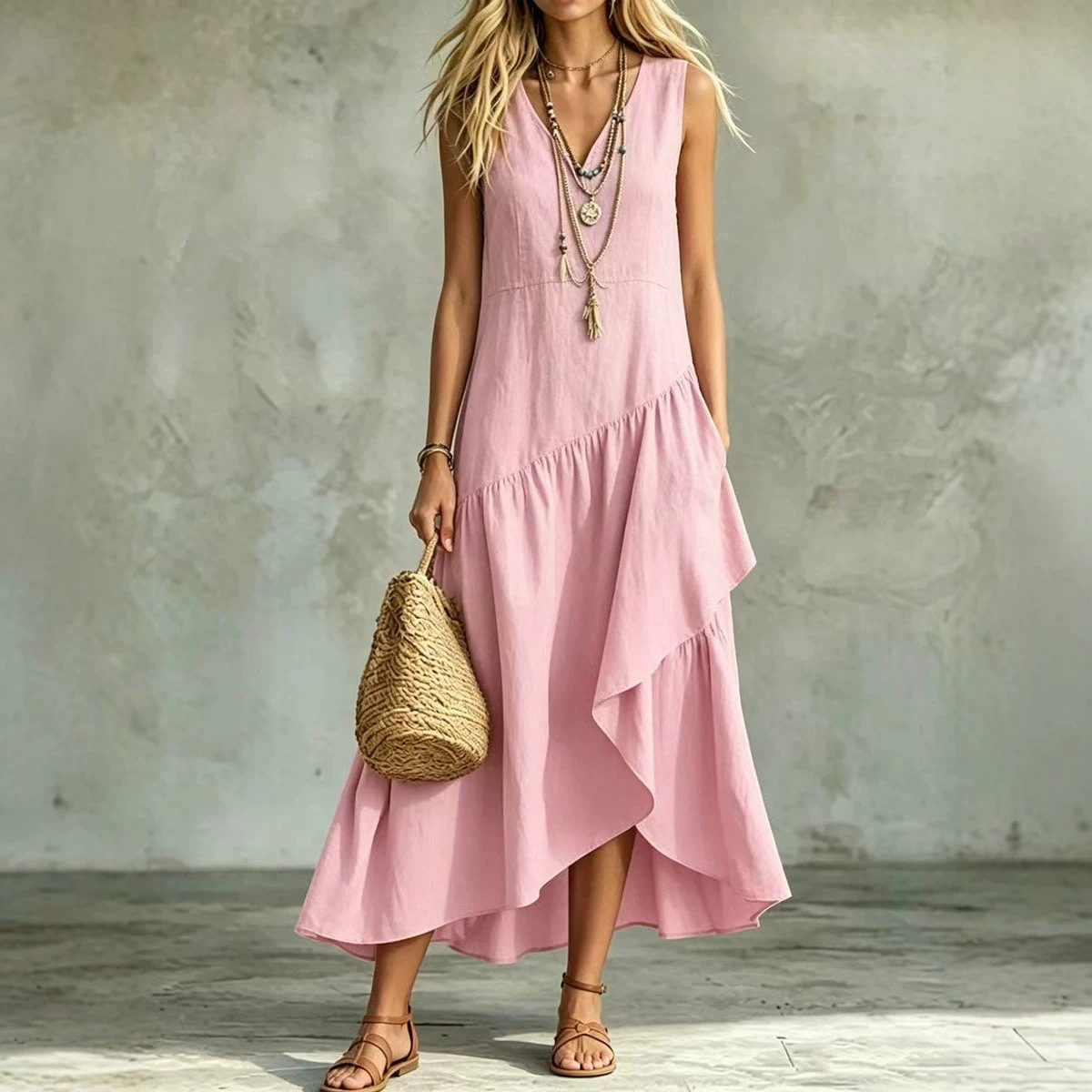 Women's Sleeveless V-Neck A-Line Maxi Dress Loose Fit Boho
